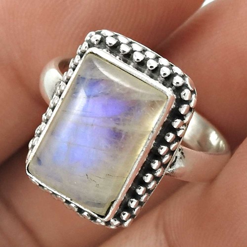 HANDMADE Solid Sterling Silver Natural RAINBOW MOONSTONE Ring Size 6 QQ70