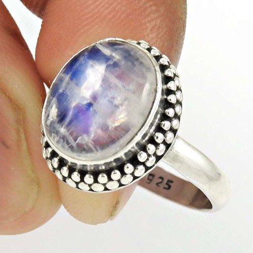 HANDMADE 925 Solid Sterling Silver Natural RAINBOW MOONSTONE Ring Size 8 FF71