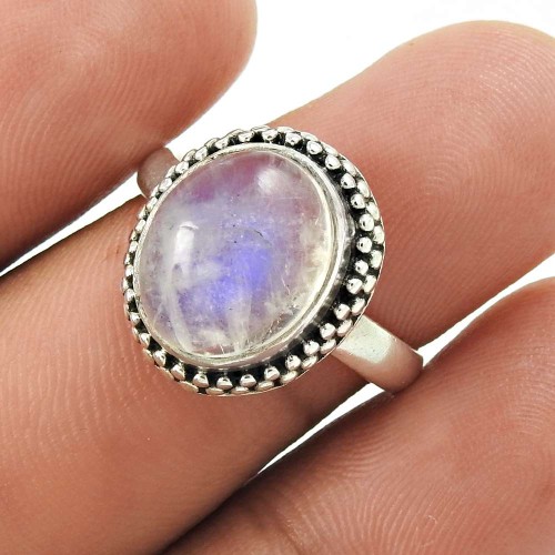 Natural RAINBOW MOONSTONE Ring Size 7.5 925 Solid Sterling Silver HANDMADE GG71