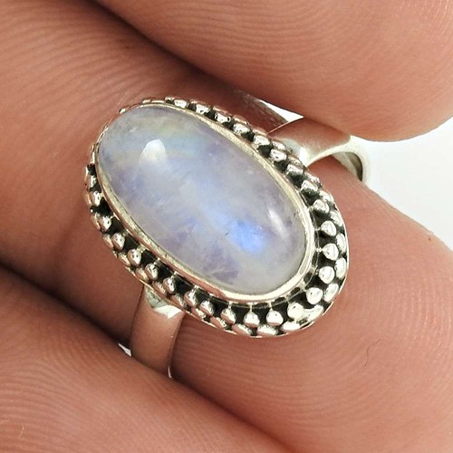 Natural RAINBOW MOONSTONE Ring Size 6 Solid Sterling Silver HANDMADE HH71
