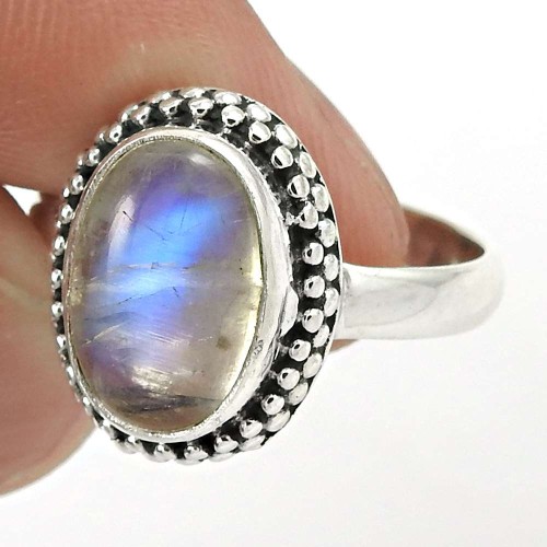 HANDMADE 925 Solid Sterling Silver Natural RAINBOW MOONSTONE Ring Size 8 II71