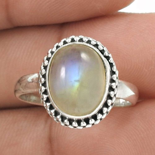 Natural RAINBOW MOONSTONE HANDMADE 925 Solid Sterling Silver Ring Size 8 JJ71