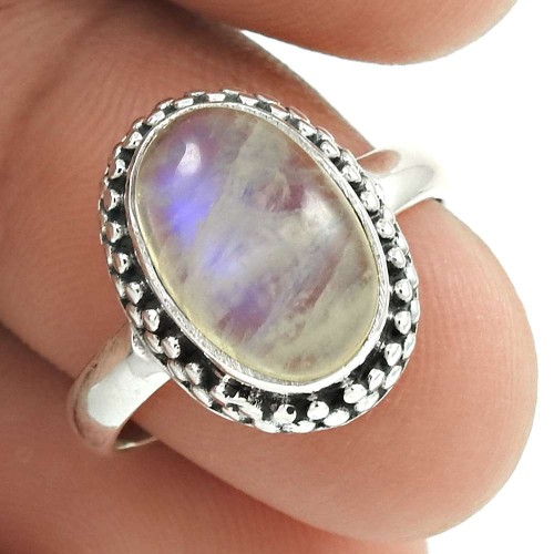 Natural RAINBOW MOONSTONE Ring Size 7 925 Solid Sterling Silver HANDMADE AA72