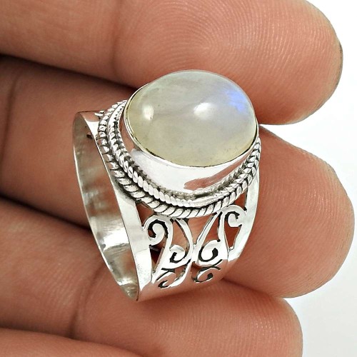 Rainbow Moonstone Gemstone Ring 925 Sterling Silver Stylish Jewelry PH62