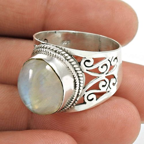 Rainbow Moonstone Gemstone Ring 925 Sterling Silver Ethnic Jewelry QA62