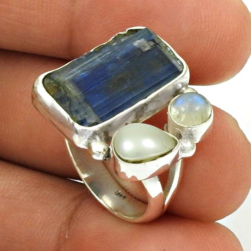 Kyanite Pearl Rainbow Moonstone Ring Size 6.5 925 Sterling Silver Ethnic Jewelry RN15
