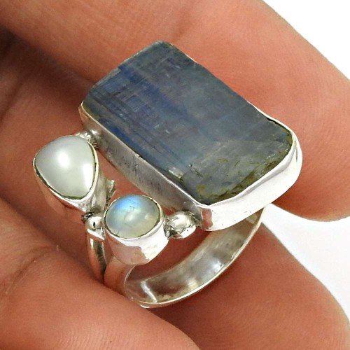 Kyanite Pearl Rainbow Moonstone Ring Size 6 925 Sterling Silver Vintage Jewelry RN16