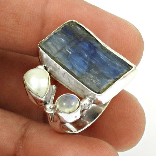 Kyanite Pearl Rainbow Moonstone Ring Size 6 925 Sterling Silver Ethnic Jewelry RN18