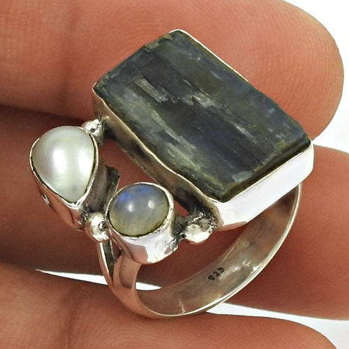 Kyanite Pearl Rainbow Moonstone Ring Size 6 925 Sterling Silver Vintage Jewelry RN23
