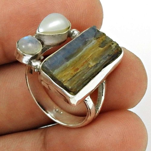 Kyanite Pearl Rainbow Moonstone Ring Size 6 925 Sterling Silver Stylish Jewelry RN27