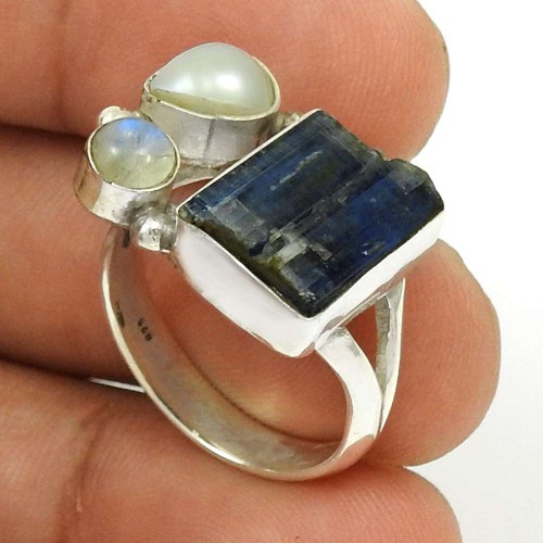 Kyanite Pearl Rainbow Moonstone Ring Size 8 925 Sterling Silver Tribal Jewelry RN28