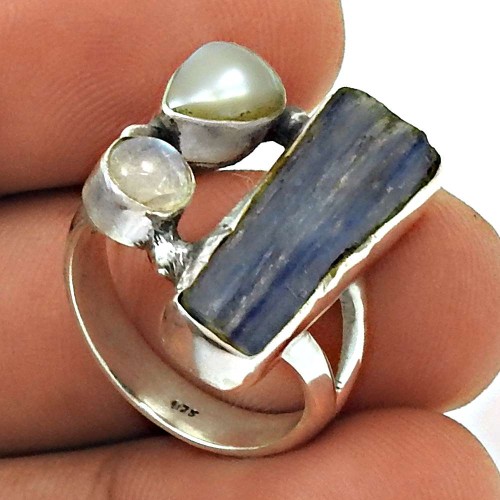 Kyanite Pearl Rainbow Moonstone Ring Size 6 925 Sterling Silver Ethnic Jewelry RN29