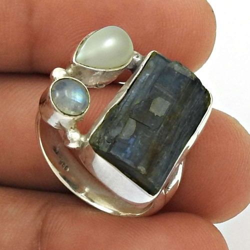 Kyanite Pearl Rainbow Moonstone Ring Size 6.5 925 Sterling Silver Ethnic Jewelry RN32