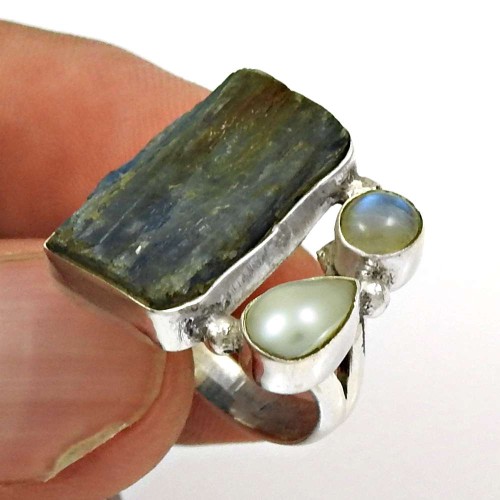 Kyanite Pearl Rainbow Moonstone Ring Size 5.5 925 Sterling Silver Stylish Jewelry RN34