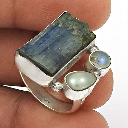 Kyanite Pearl Rainbow Moonstone Ring Size 7.5 925 Sterling Silver Tribal Jewelry RN35