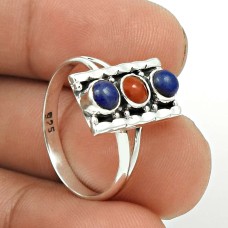 Coral Lapis Gemstone Ring Size 7.5 925 Sterling Silver Traditional Jewelry CB37