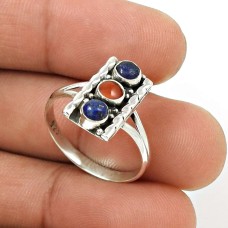 Coral Lapis Gemstone Ring Size 8 925 Sterling Silver Ethnic Jewelry CB38