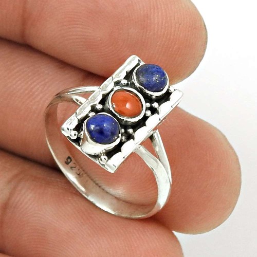 Coral Lapis Gemstone Ring Size 7.5 925 Sterling Silver Ethnic Jewelry CB42