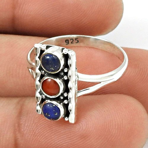 Coral Lapis Gemstone Ring Size 8 925 Sterling Silver Vintage Jewelry CB43