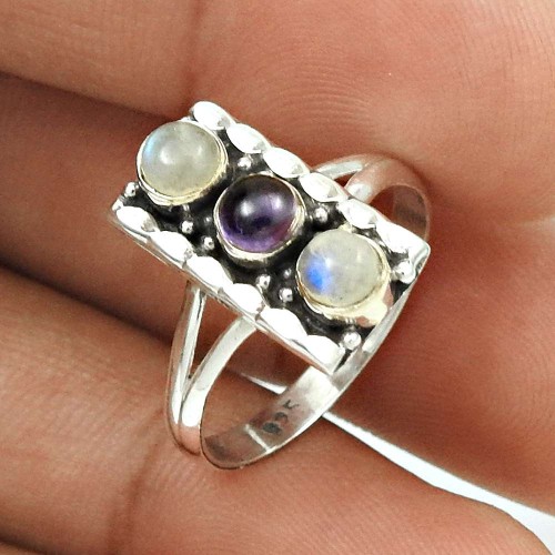 Amethyst Rainbow Moonstone Ring Size 7 925 Sterling Silver Vintage Jewelry CB50