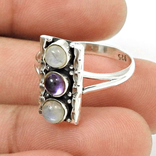 Amethyst Rainbow Moonstone Ring Size 7 925 Sterling Silver Ethnic Jewelry CB52