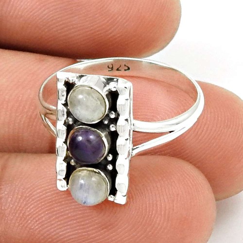 Amethyst Rainbow Moonstone Ring Size 7 925 Sterling Silver Tribal Jewelry CB55