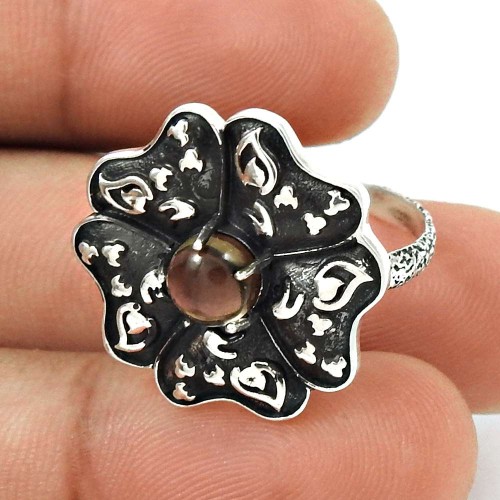 Trendy 925 Sterling Silver Smoky Quartz Gemstone Flower Ring Size 9.5 Ethnic Jewelry T49