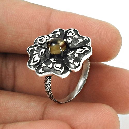 Latest Trend 925 Sterling Silver Smoky Quartz Gemstone Flower Ring Size 9 Tribal Jewelry C47