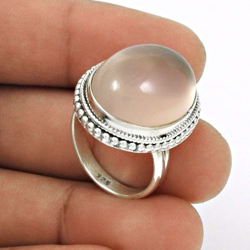 Natural ROSE QUARTZ Gemstone Ring Size 8 925 Silver HANDMADE Fine Jewelry EE22