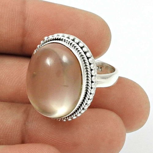 Natural ROSE QUARTZ Gemstone HANDMADE Jewelry 925 Silver Ring Size 7.5 JJ22