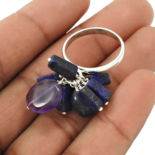 925 Sterling Silver Natural AMETHYST IOLITE LAPIS KYANITE Beaded Ring Size 8 AO5