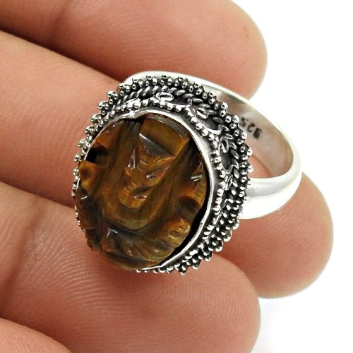 Natural Tiger Eye Ganesha Ring Size 7 925 Silver HANDMADE Fine Jewelry QQ22