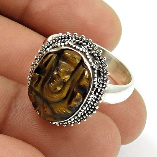 Natural Tiger Eye HANDMADE Jewelry 925 Sterling Silver Ganesha Ring Size 9 TT22