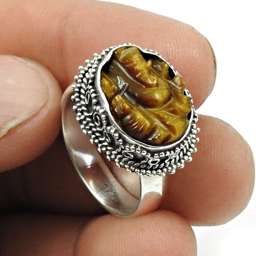 HANDMADE 925 Silver Jewelry Natural Tiger Eye Ganesha Ring Size 8.5 MM23