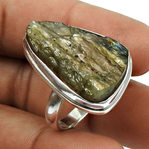 Labradorite Rough Stone Ring 925 Sterling Silver Indian Handmade Jewelry E20