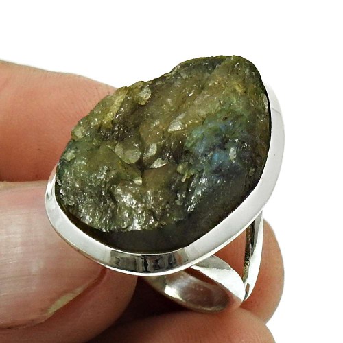 Labradorite Rough Stone Ring 925 Sterling Silver Vintage Jewelry Q4