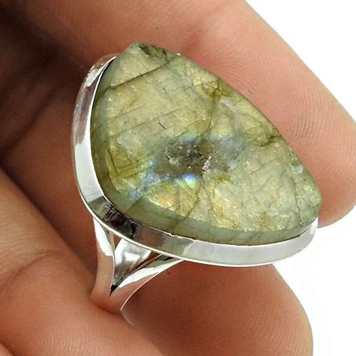 Labradorite Rough Stone Ring 925 Sterling Silver Vintage Look Jewelry T20