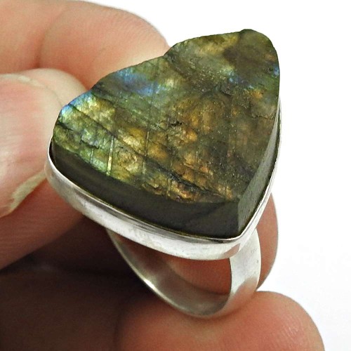 Labradorite Rough Stone Ring 925 Sterling Silver Ethnic Jewelry C21