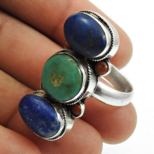 Lapis Lazuli Turquoise Coral Gemstone Ring 925 Sterling Silver Indian Handmade Jewelry Q3