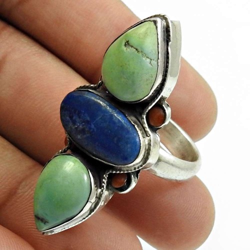 Lapis Lazuli Turquoise Coral Gemstone Ring 925 Sterling Silver Handmade Indian Jewelry R23