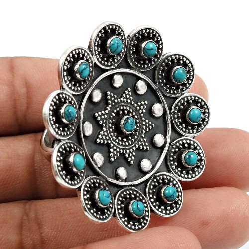 Turquoise Gemstone Ring Oxidized 925 Sterling Silver Indian Jewelry J39