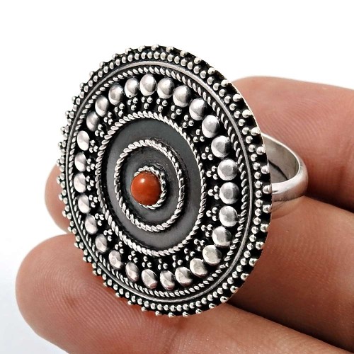 Coral Gemstone Ring 925 Sterling Silver Stylish Jewelry A40