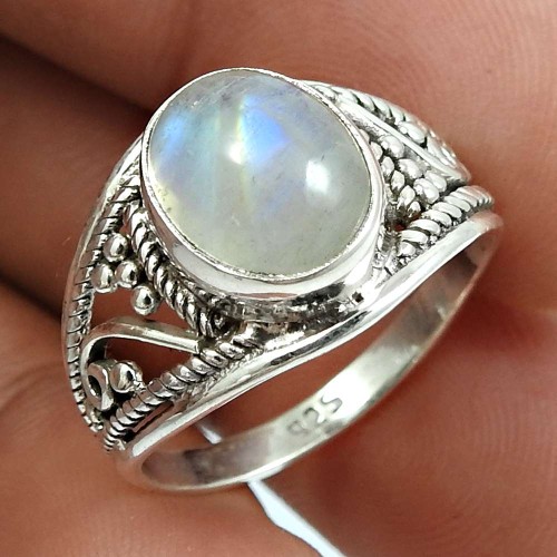 Rainbow Moonstone Gemstone Ring 925 Sterling Silver Vintage Jewelry I43