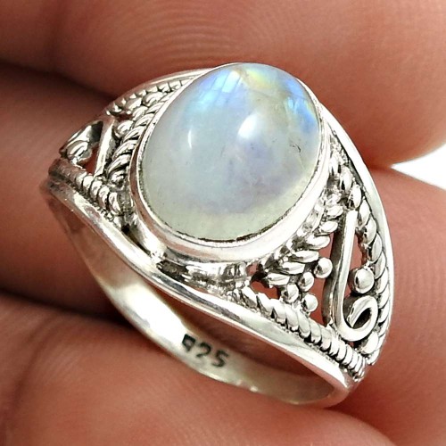 Rainbow Moonstone Gemstone Ring 925 Sterling Silver Traditional Jewelry J43
