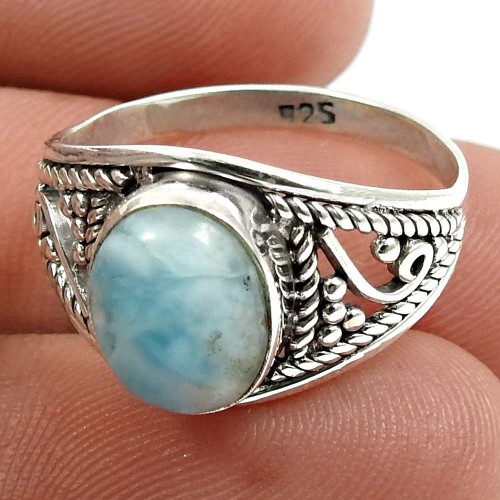 Larimar Gemstone Ring 925 Sterling Silver Indian Handmade Jewelry W42