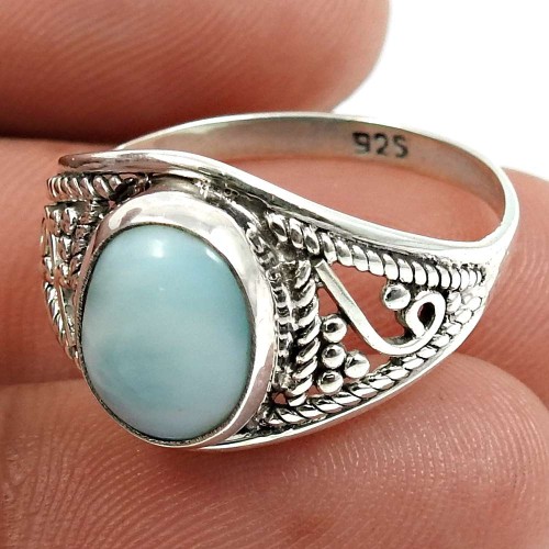 Larimar Gemstone Ring 925 Sterling Silver Handmade Indian Jewelry X42