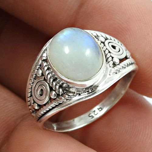 Rainbow Moonstone Gemstone Ring 925 Sterling Silver Indian Jewelry J44