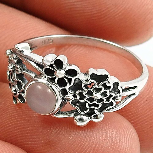 Rose Quartz Gemstone Flower Ring 925 Sterling Silver Traditional Jewelry H45