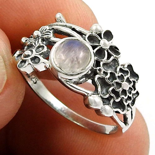 Rainbow Moonstone Gemstone Flower Ring 925 Sterling Silver Stylish Jewelry K45