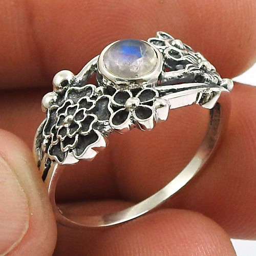 Rainbow Moonstone Gemstone Flower Ring 925 Sterling Silver Handmade Jewelry M45